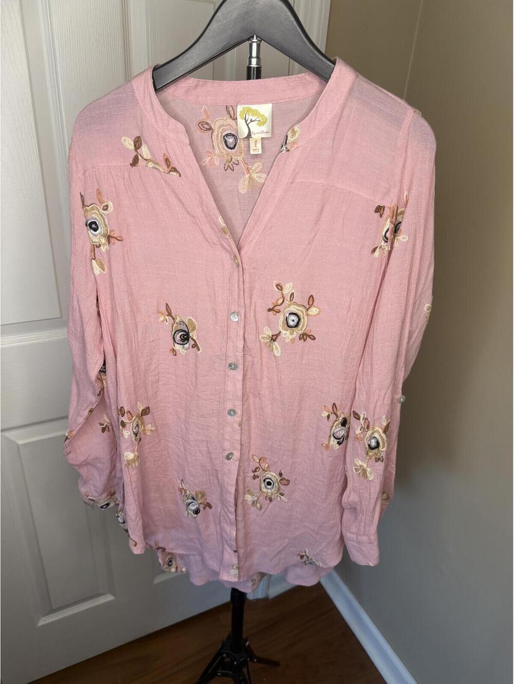 Anthropologie Fig and Flower Pink Embroidered Boho Tunic Blouse Large